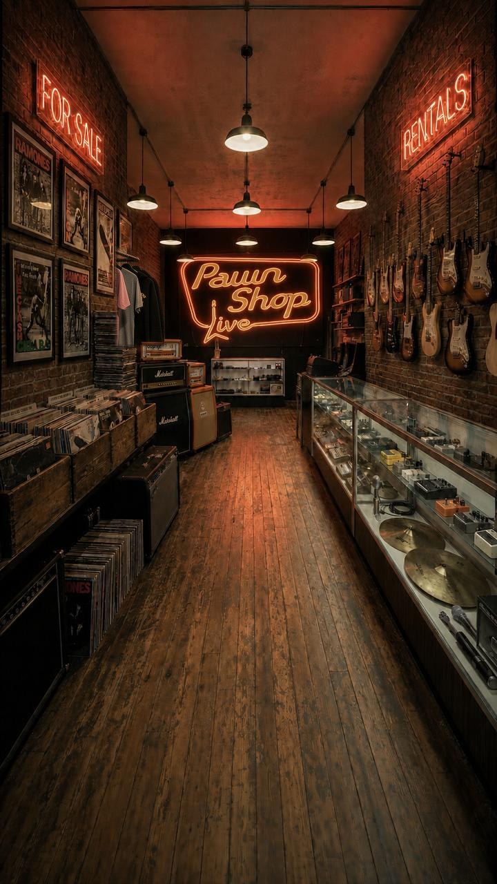 The floor of Pawn Shop Live: amps and records on the left, guitars and the glass counter on the right, and a rack of Pawn Shop Live merch in the middle